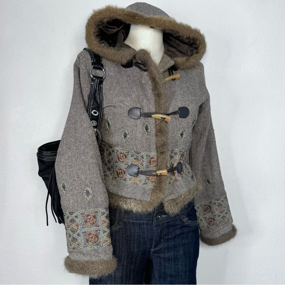 Y2K Wool Blend Faux Fur Penny Lane Embroidered Jacket Short Forever 21 - Picture 1 of 8